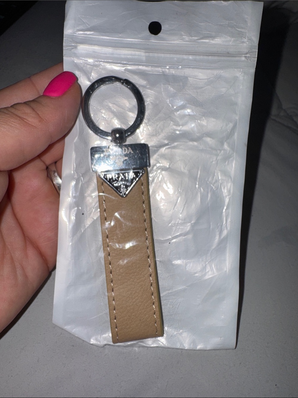 Prada Tan Leather Keyring with Silver Hardware